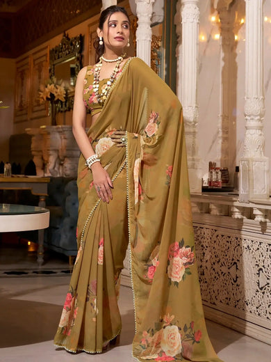 Glamorous Brown Georgette Saree With Blouse - Ethnic Plus In